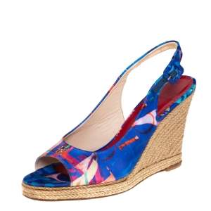 Carolina Herrera Blue Printed Satin Wedge Espadrille Slingback Sandals Size 39