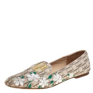 Pre Owned Carolina Herrera Beige Floral Print Signature Canvas Logo Smoking Slippers Size 39