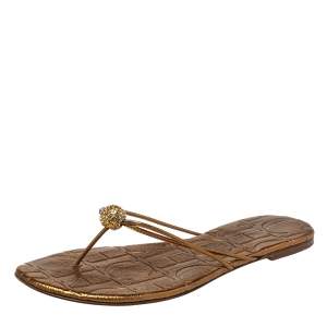 Pre Owned Carolina Herrera Metallic Bronze Leather Embellished Thong Flats Size 39