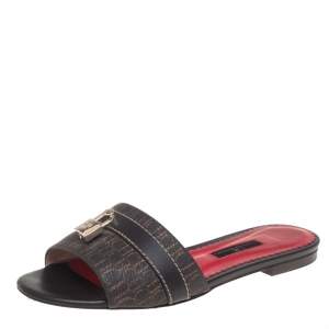 Carolina Herrera Brown Signature Canvas Lock Flat Slides Size 39
