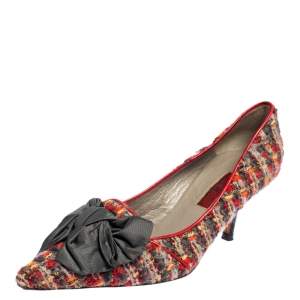 Pre Owned CH Carolina Herrera Multicolor Tweed Pointed Toe Bow Pumps Size 37