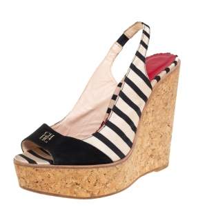 Pre Owned CH Carolina Herrera Black/White Fabric And Suede Cork Wedge Platform Peep Toe Slingback Sandals Size 38