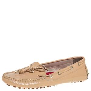 Pre Owned CH Carolina Herrera Beige Patent Leather Bow Slip On Loafers Size 38