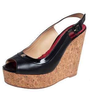 Carolina Herrera Black  Patent And Leather Cork Wedge Platform Peep Toe Slingback Sandals Size 37