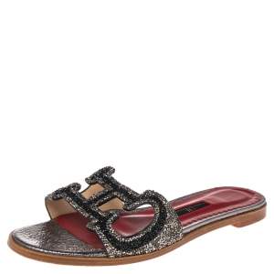 Pre Owned Carolina Herrera Multicolor Crystal Embellished CH Insignia Cutout Slide Flats Size 38