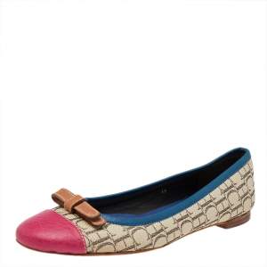 Pre Owned Carolina Herrera Multicolor Monogram Canvas And Leather Cap Toe Bow Ballet Flats Size 38