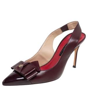 Carolina Herrera Burgundy Leather Bow Detail Slingback Sandals Size 38