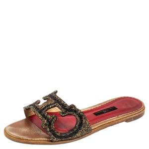 Pre Owned Carolina Herrera Multicolor Crystal Embellished CH Insignia Cutout Slide Flats Size 39