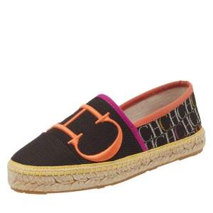 Pre Owned Carolina Herrera Brown  Logo Embroidered Fabric Cap Toe Espadrilles Flats Size 35