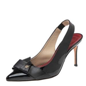 Carolina Herrera Black Patent Leather and Leather Bow Detail Slingback Pumps Size 38
