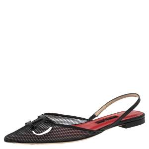 Pre Owned Carolina Herrera Black Fishnet And Mesh Logo Pointed Toe Slingback Flats Size 37