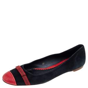 Pre Owned CH Carolina Herrera Black-Red Suede and Leather Ballerina Flats Size 37