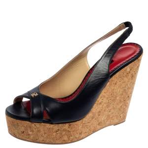 Pre Owned CH Carolina Herrera Blue Leather Cork Wedge Slingback Platform Sandals Size 40