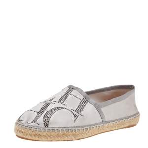 Pre Owned CH Carolina Herrera Silver Satin Embellished Espadrille Flats Size 36