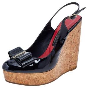 Pre Owned CH Carolina Herrera Black Patent Leather Cork Wedge Platform Slingback Sandals Size 38
