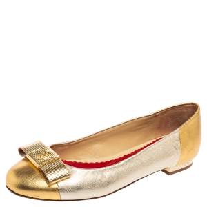 Pre Owned CH Carolina Herrera Gold Metallic Leather Bow Ballet Flats Size 37