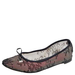 Pre Owned CH Carolina Herrera Black Lace Bow Ballet Flats Size 40
