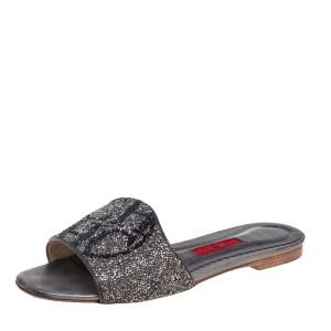 Pre Owned CH Carolina Herrera Grey/Black Crystal Embellished Leather Flat Slides Size 38