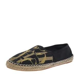 Pre Owned CH Carolina Herrera Black/Gold Logo Embroidered Satin Espadrille Flats Size 36