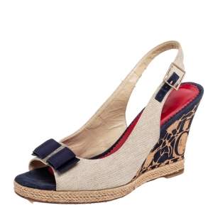 Carolina Herrera Beige Canvas Cork Wedge Platform Slingback Sandals Size 38