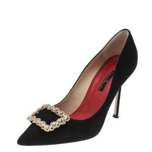 Carolina Herrera Black Suede Crystal Embellished Pointed Toe Pumps Size 39