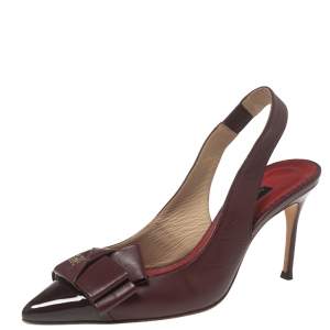 Pre Owned CH Carolina Herrera Burgundy Leather Bow Detail Pointed-Toe Slingback Sandals Size 36
