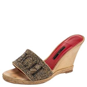 Pre Owned CH Carolina Herrera Metallic Glitter Wedge Espadrille Slide Sandals Size 38