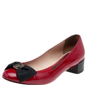 Pre Owned CH Carolina Herrera Red Patent Leather Bow Block Heel Pumps Size 38