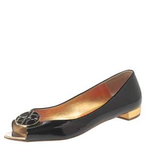 Pre Owned CH Carolina Herrera Black Patent Leather Logo Peep-Toe Ballet Flats Size 37