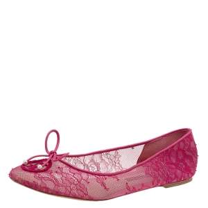 Pre Owned CH Carolina Herrera Pink Lace And Leather Bow Ballet Flats Size 41