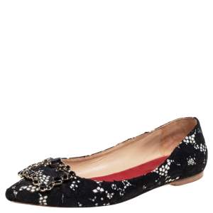 Pre Owned CH Carolina Herrera Black Lace Bow Embellished  Ballet Flats Size 37