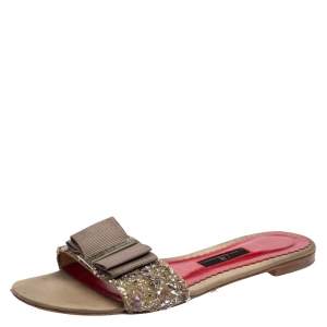 Pre Owned CH Carolina Herrera Beige Satin Bow Embellished Detail Slides Size 38