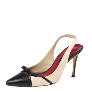 Pre Owned CH Carolina Herrera Black/Beige Leather Bow Detail Pointed-Toe Slingback Pumps Size 38