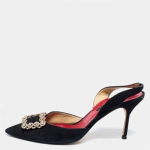 Pre Owned CH Carolina Herrera Black Suede Crystal Embellished Buckle Slingback Pumps Size 40