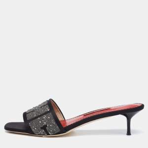 Pre Owned CH Carolina Herrera Black Satin Embellished Glitter Slide Sandals Size 38