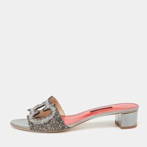 Pre Owned Carolina Herrera Silver Glitter Slides Sandals Size 41