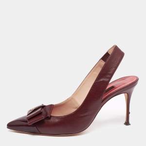 Pre Owned CH Carolina Herrera Burgundy Leather And Patent Bow Detail Pointed-Toe Slingback Sandals Size 39