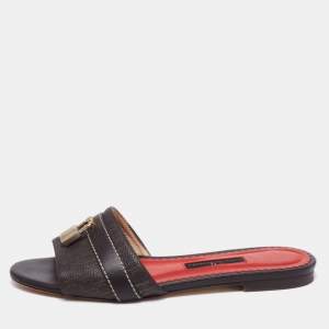 Pre Owned CH Carolina Herrera Brown Signature Leather Lock Flat Slides Size 37