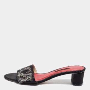 Pre Owned CH Carolina Herrera Black Satin And Glitter Slide Sandals Size 38