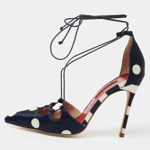 Pre Owned CH Carolina Herrera Navy Blue/White  Satin Polka Dot D'orsay Pumps Size 39