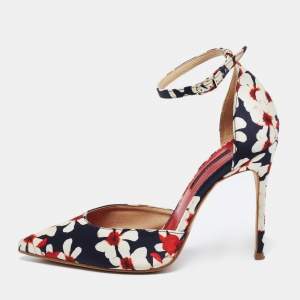 Pre Owned CH Carolina Herrera Tri Color Floral Print Satin Ankle Strap Pumps Size 37