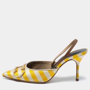 Pre Owned CH Carolina Herrera White/Yellow Leather And Canvas Logo Slingback Pumps Size 38