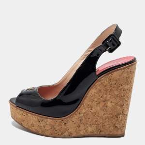 Pre Owned  CH Carolina Herrera Black Patent Leather Wedge Sandals Size 37