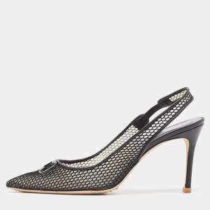 Carolina Herrera Black Mesh and Leather Initials Insignia Pumps Size 38