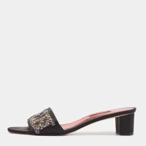 CH Carolina Herrera Black Satin and Glitter Slide Sandals Size 41