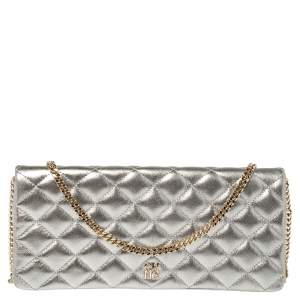 Pre Owned Carolina Herrera Metallic Silver Quilted Leather Chain Clutch