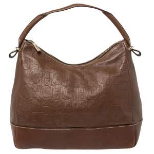 Carolina Herrera Brown Monogram Embossed Leather Hobo