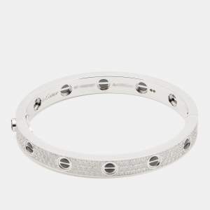 Pre Owned Cartier Love Diamond Paved Ceramic 18k White Gold Bangle Bracelet 16