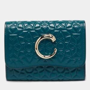 Cartier Teal Green Embossed Leather Panthere De Cartier Card Case