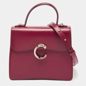 Pre Owned Cartier Burgundy Leather Small Panthere C De Cartier Top Handle Bag